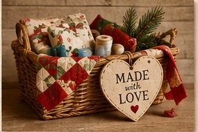 Basket filled with quilting fabric and supplies