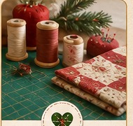 Quilting supplies and fabric on a cutting table